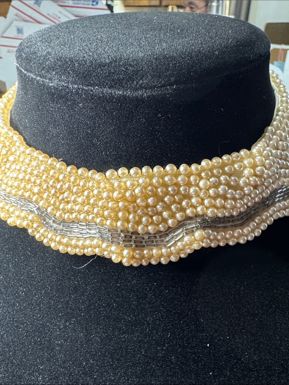 Vintage White/Yellow  Pearl Multi-Strand Choker Necklace with Bead Accent